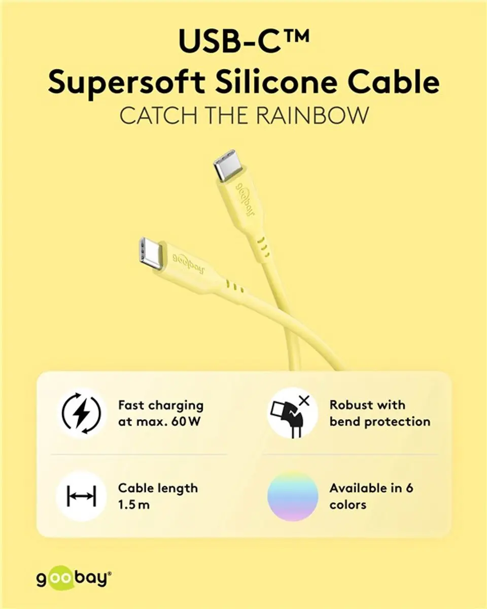 Goobay USB-C Siliconen Kabel 60W - 1,5m - Geel