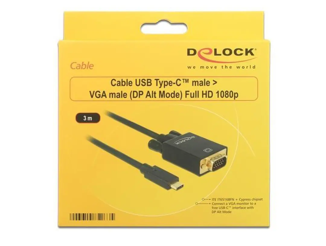 Delock USB-C naar VGA Kabel DP Alt Mode 1920x1200 - 3m - Zwart