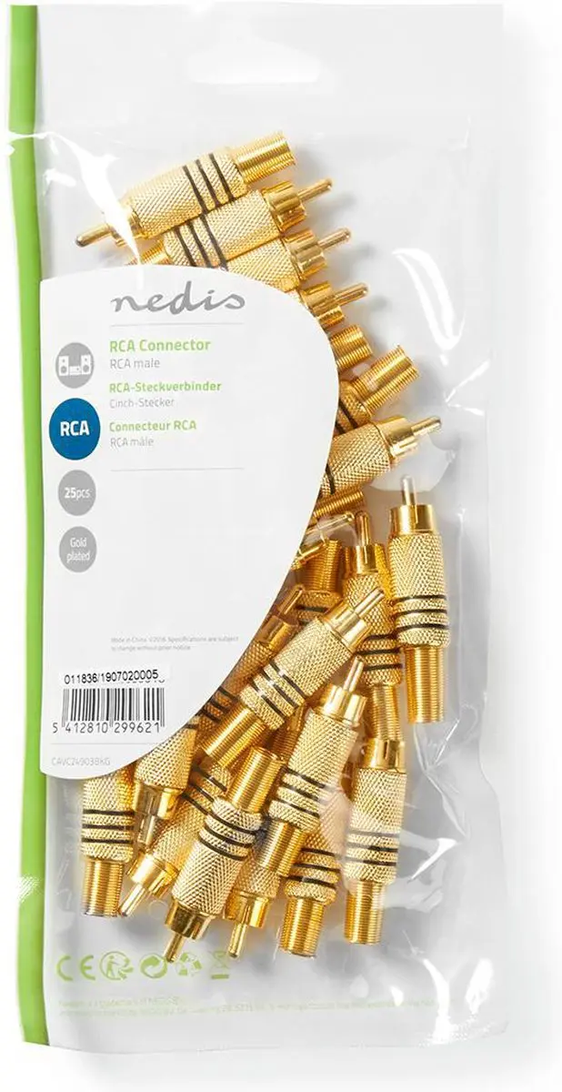 Nedis RCA-Connector Recht Male Verguld - 25 Stuks