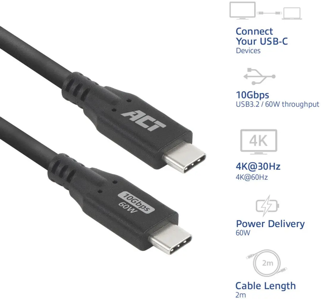 ACT AC7442 USB-C Kabel 10Gbps 60W - 2m - Zwart