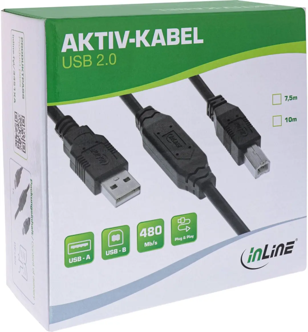 InLine USB-A naar USB-B Kabel 7,5m - USB 2.0 - Zwart