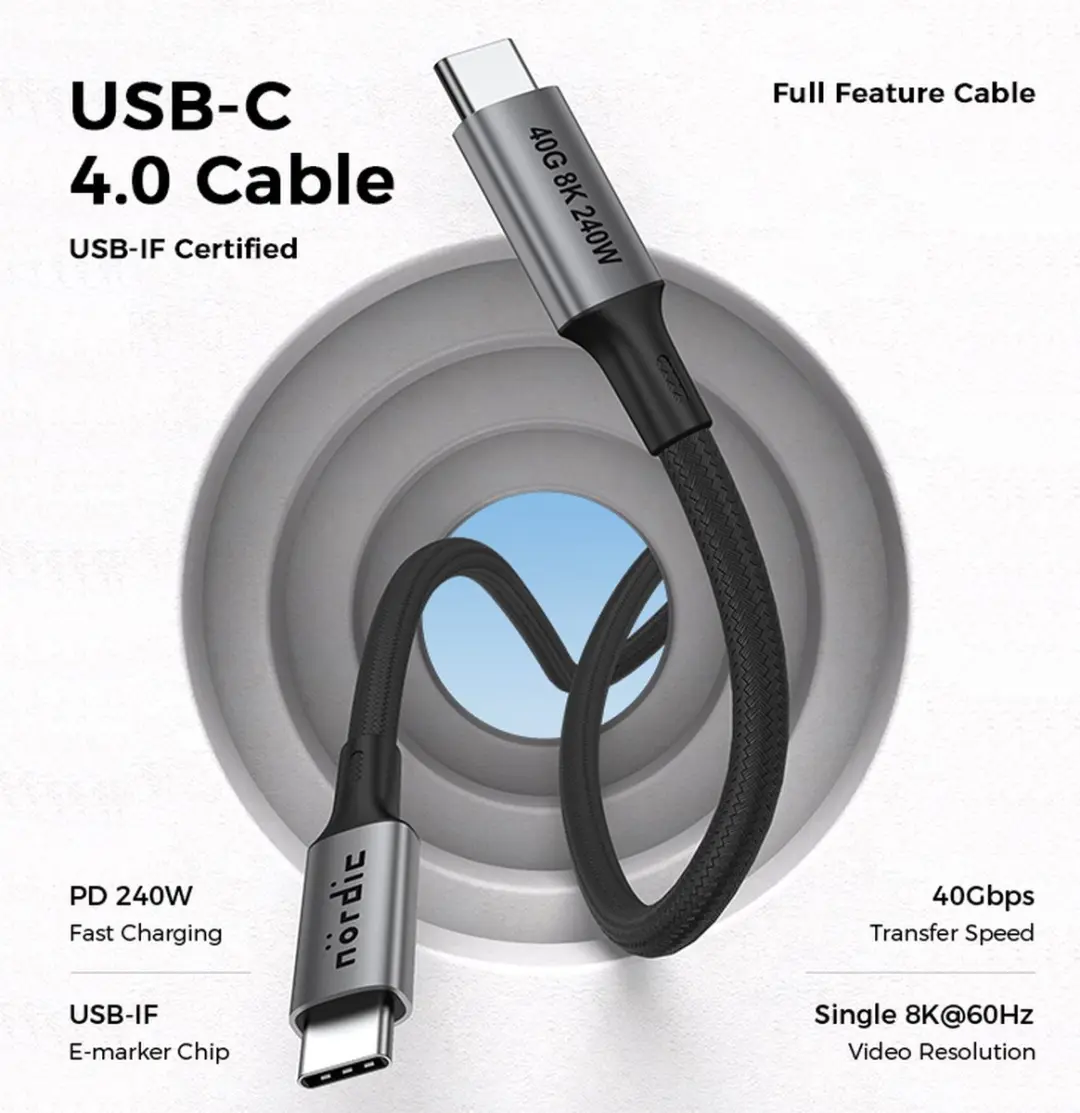 NÖRDIC USB4-4101 USB-C Kabel 240W 8K 60Hz - 1m - Grijs
