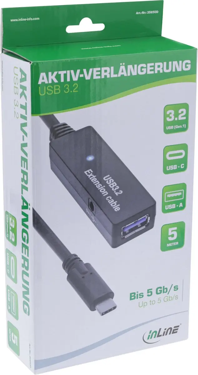 InLine USB-C naar USB-A Actieve Verlengkabel 5m - USB 3.0