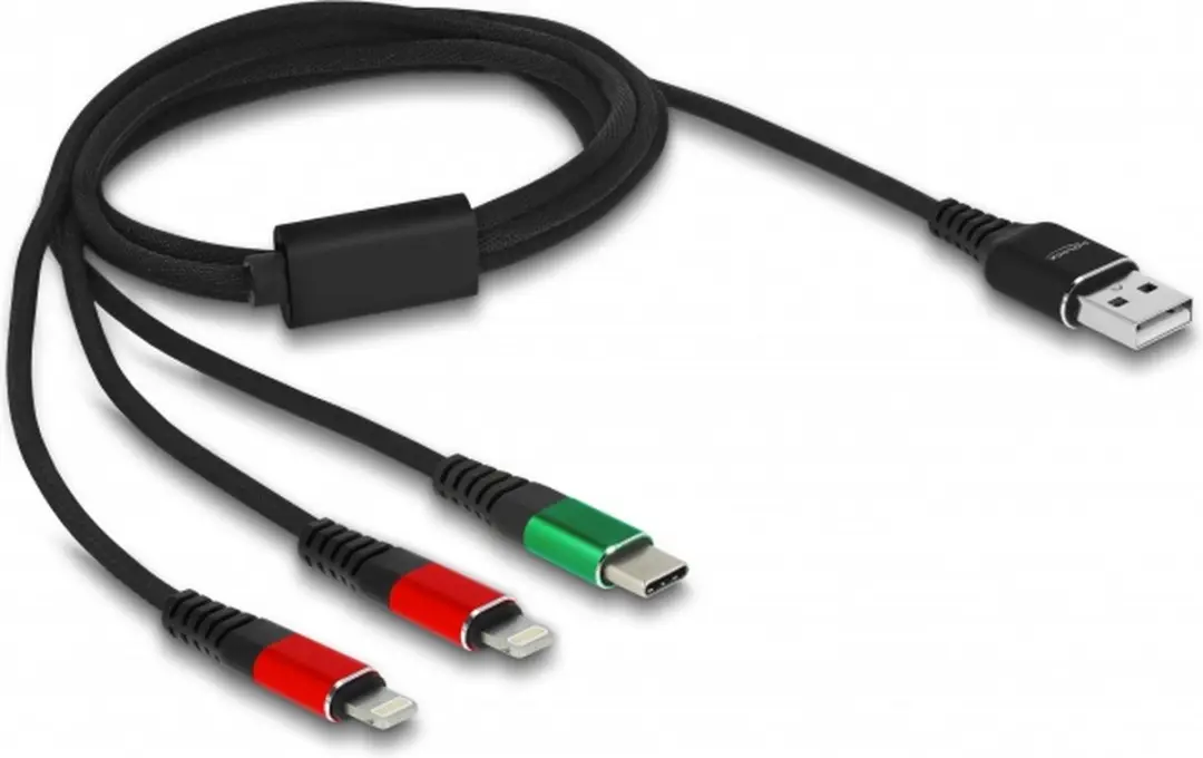 Delock USB 3-in-1 Kabel 1m - Type-A naar 2x Lightning/USB-C - Zwart