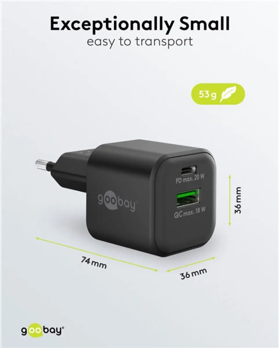 Goobay nano USB-C PD + USB-A QC Lader 20W - Zwart