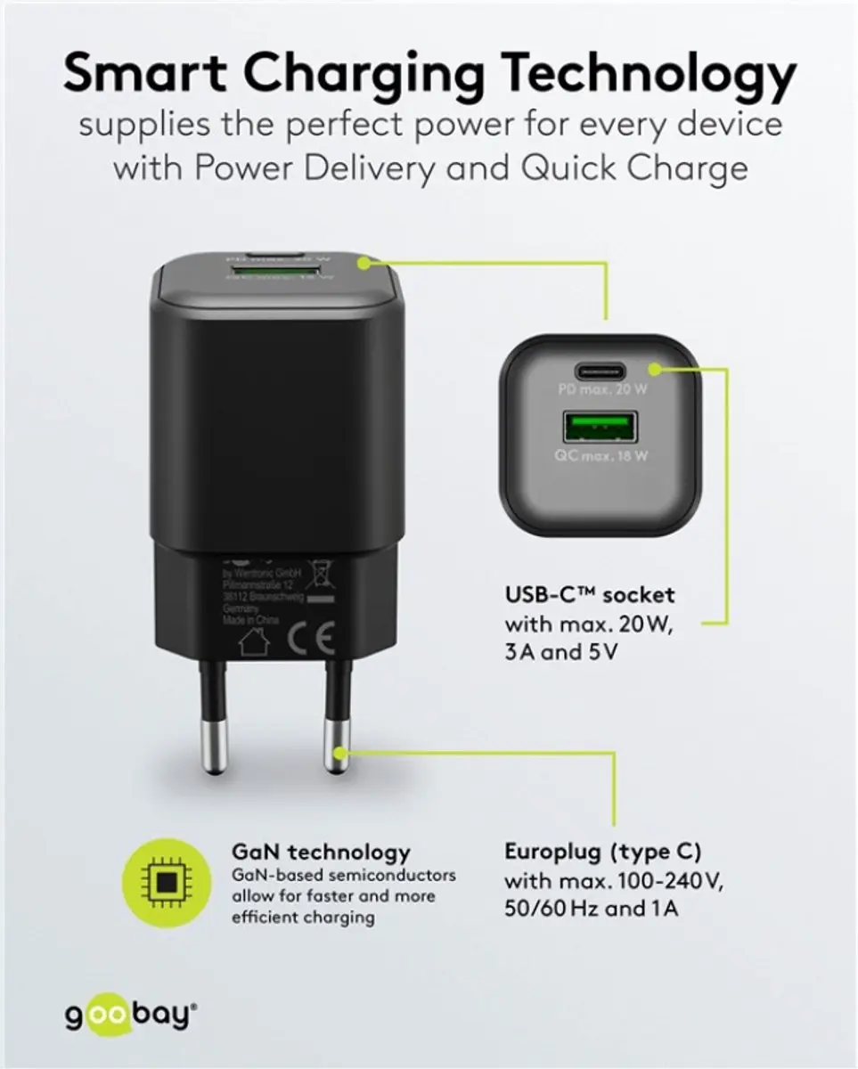 Goobay nano USB-C PD + USB-A QC Lader 20W - Zwart