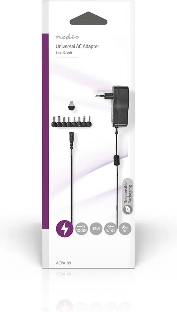 Nedis ACPA109 Universele AC-Stroomadapter 18W - 8 Plugs - Zwart