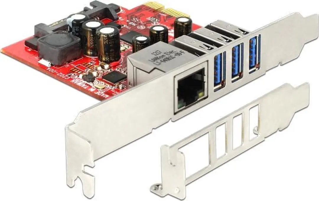 Delock PCIe Kaart 3x USB 5Gbps + 1x Gigabit LAN - Grijs/Rood