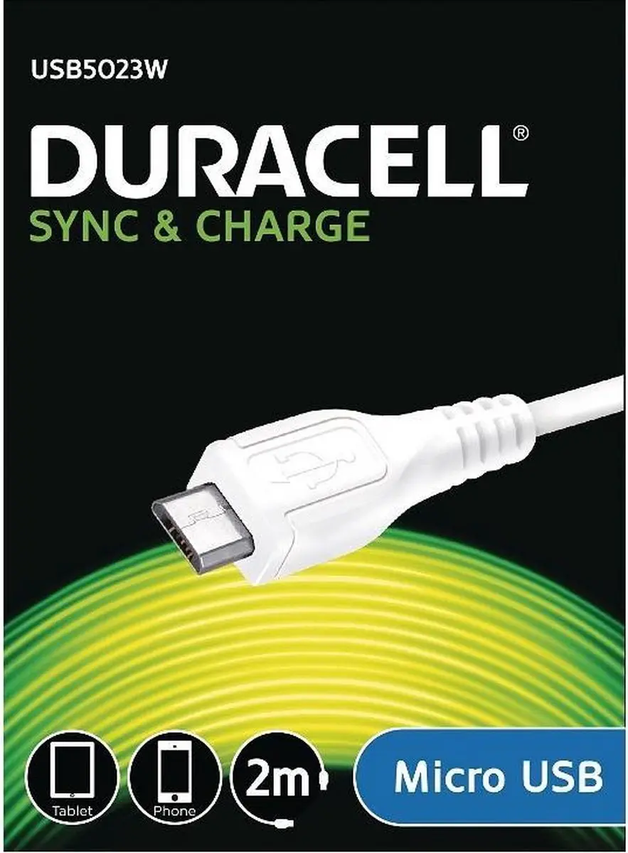 Duracell USB2.0 A naar Micro USB Kabel 2m - Wit