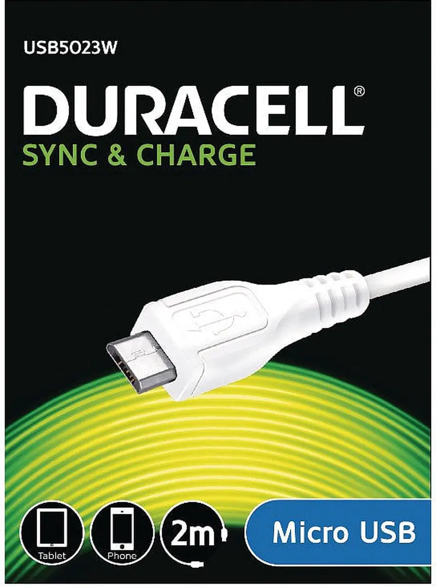Duracell USB2.0 A naar Micro USB Kabel 2m - Wit
