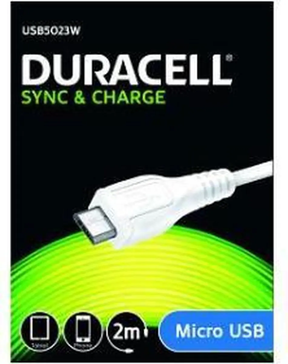 Duracell USB2.0 A naar Micro USB Kabel 2m - Wit