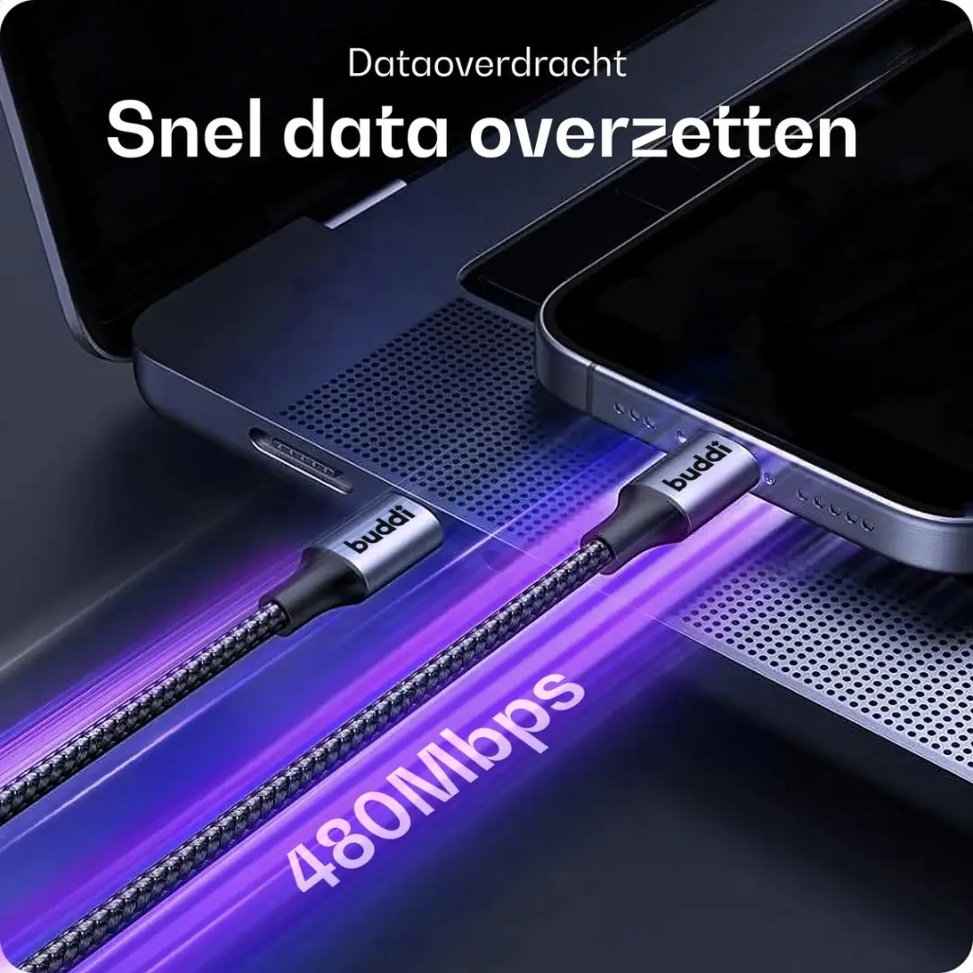 Buddi Flex USB-C naar USB-C Kabel 60W - 5M - Zwart