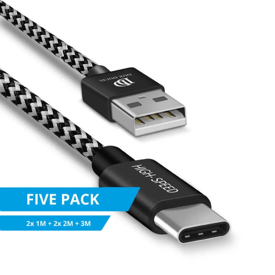 Dux Ducis 2.1A USB-A naar USB-C Kabelset 5 Stuks - 2x1m/2x2m/1x3m