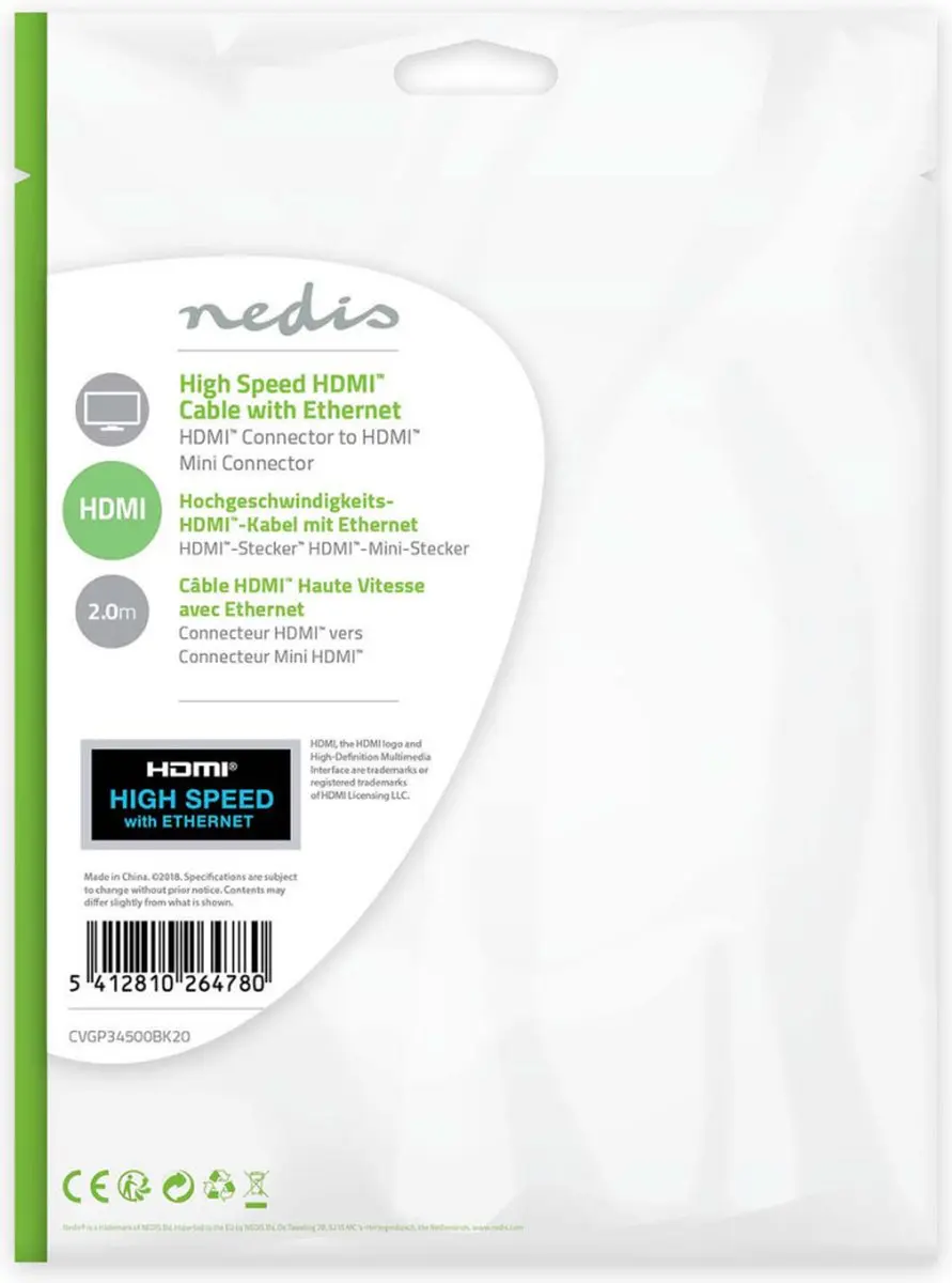 Nedis HDMI-Kabel CVGP34500BK20 4K@30Hz - 2m - Zwart
