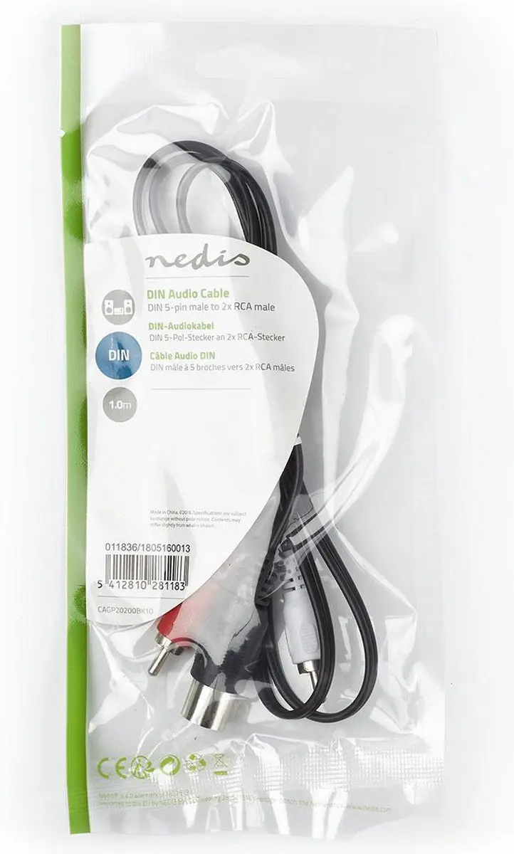 Nedis DIN-Audiokabel CAGL20200BK10 - 1m - 2xRCA/DIN5 - Zwart