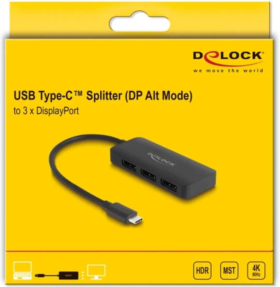 Delock USB-C Splitter DP Alt Mode 3x DisplayPort 4K60Hz - Zwart