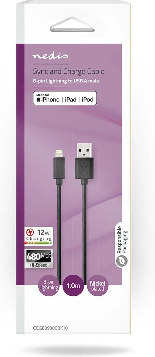 Nedis Lightning Kabel USB-A 480Mbps 1m - Zwart