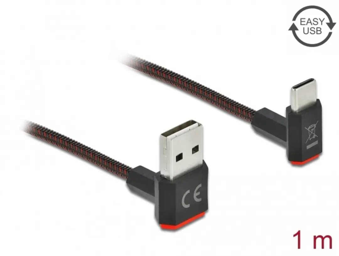 Delock USB-C Easy-USB-A Kabel 1m - QC 18W - Nylon - Zwart/Rood