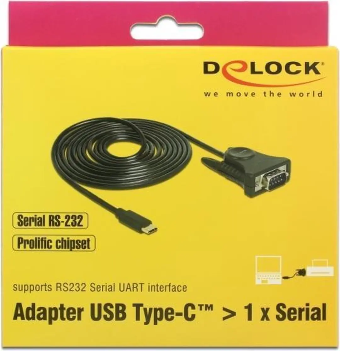 Delock USB-C naar RS232 Adapter 9-pins - 1,8m - Prolific Chip - Zwart