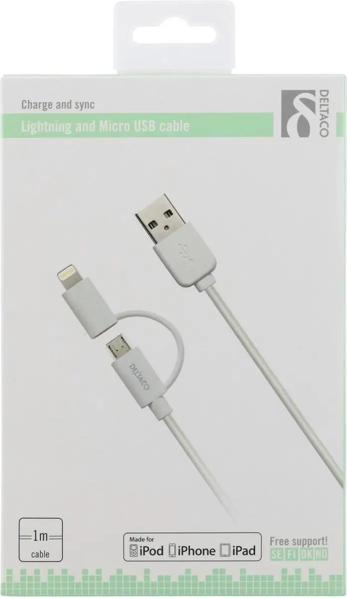Deltaco IPLH-213 USB-A naar Lightning & Micro-USB Kabel 1m - Wit