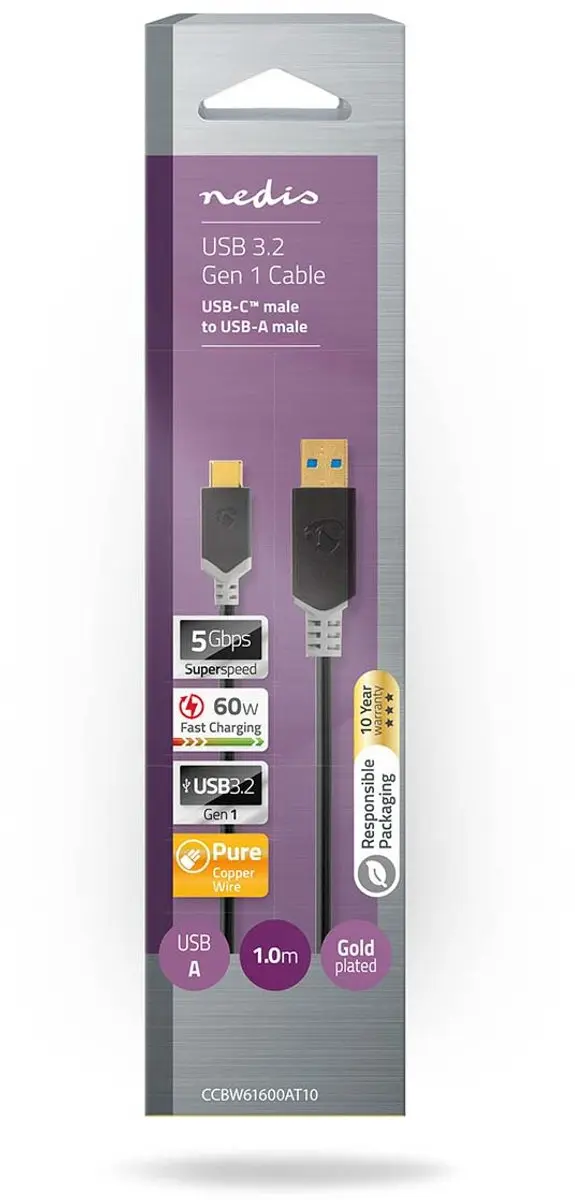 Nedis USB 3.2 Gen 1 USB-A naar USB-C Kabel 60W 1m - Antraciet