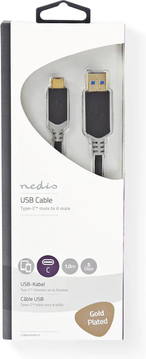 Nedis USB 3.2 Gen 1 USB-A naar USB-C Kabel 60W 1m - Antraciet