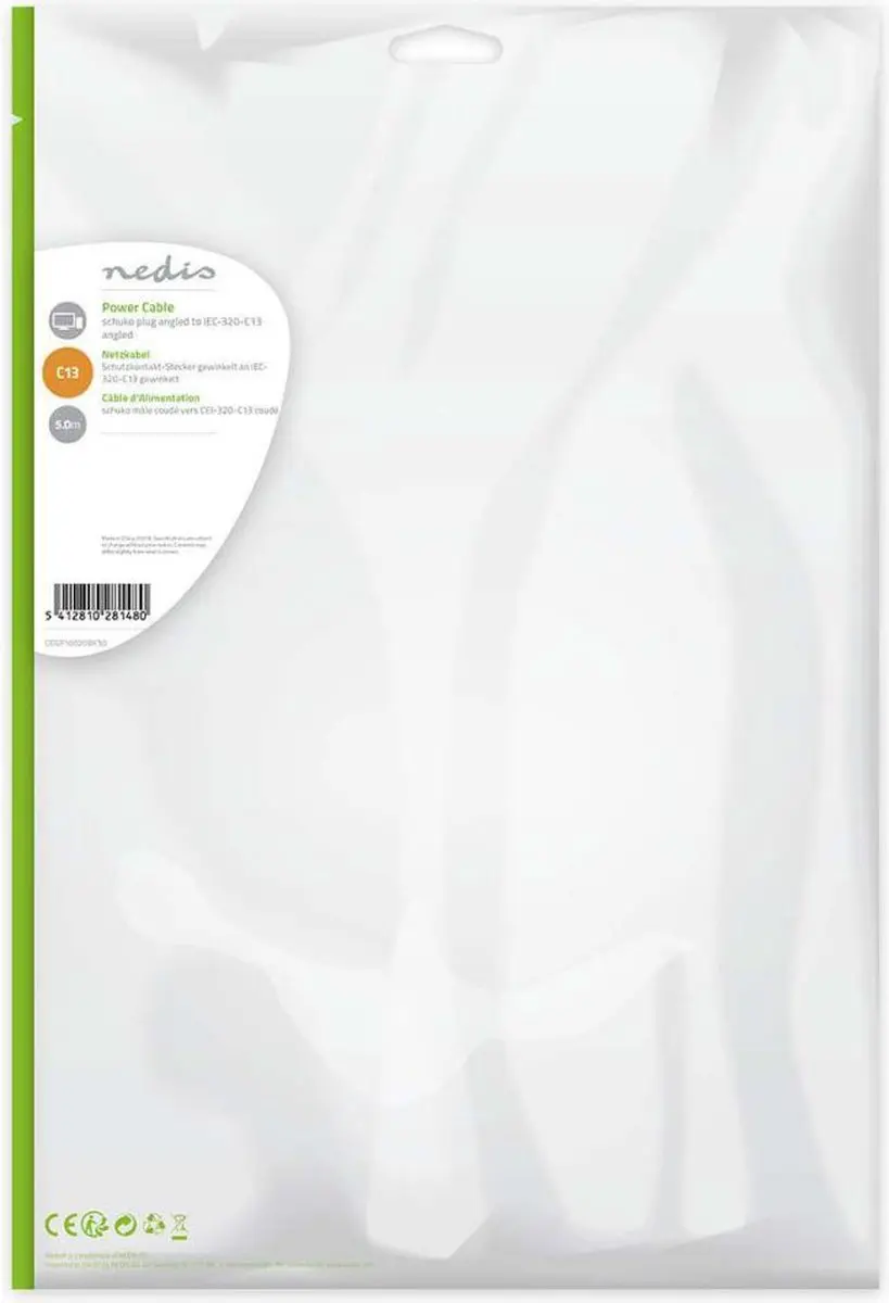 Nedis Stroomkabel Type F CEGL10020BK50 - Gehoekt 5m - Zwart