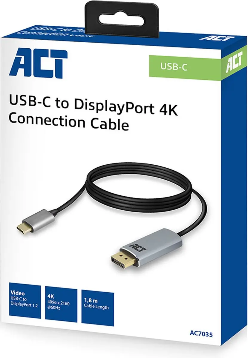 ACT AC7035 USB-C naar DisplayPort Kabel 1.8m - Zilver