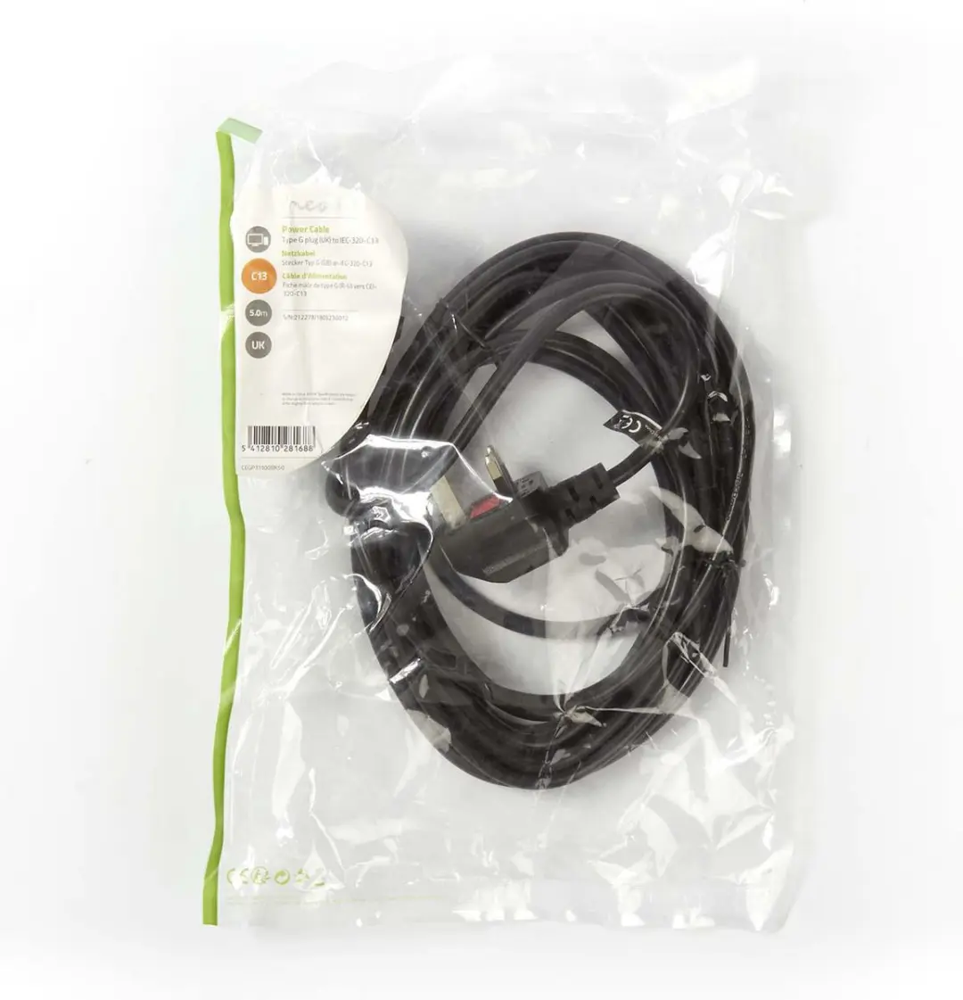 Nedis Stroomkabel CEGP11100BK50 - UK Male IEC-C13 - 5m - Gehoekt - Zwart