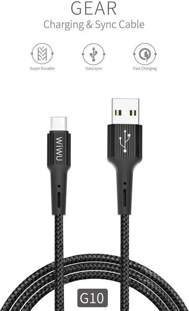 WiWu Micro USB naar USB 2.0 Kabel 1.2m - Nylon - Zwart