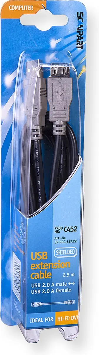 Scanpart USB Verlengkabel 2.5m A naar A - USB 2.0 - Zwart