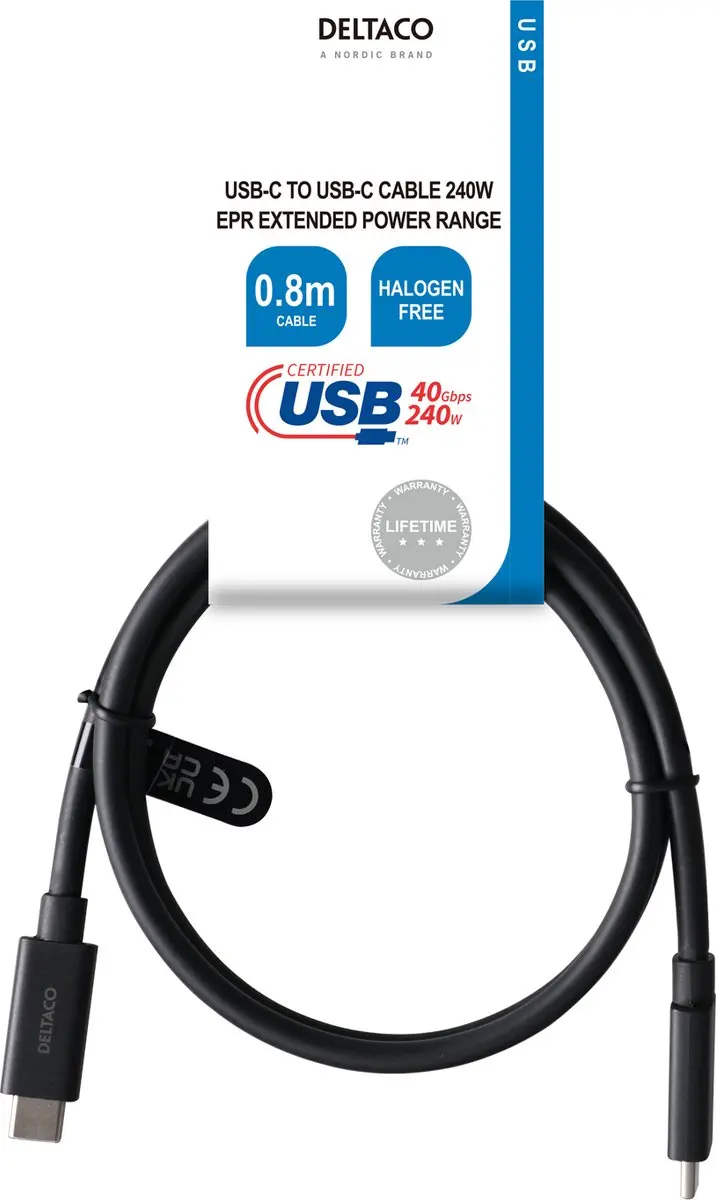 Deltaco USBC-4008-LSZH USB-C Kabel 4.0 - 0,8m - Zwart