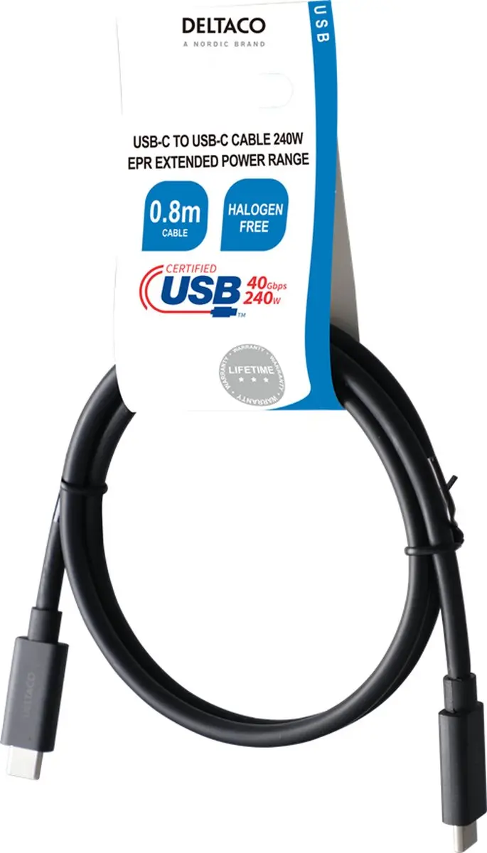 Deltaco USBC-4008-LSZH USB-C Kabel 4.0 - 0,8m - Zwart
