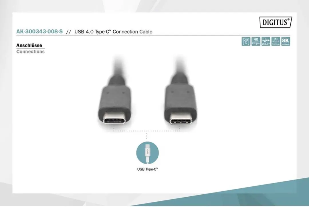 Digitus AK-300343-008-S USB-C Kabel 3.2 Gen2 0.8m - Zwart