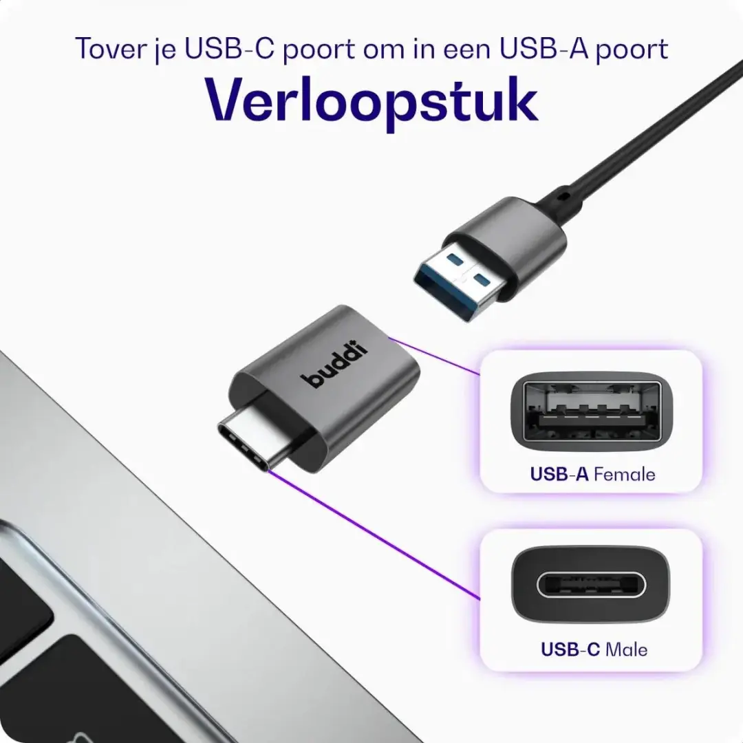 Buddi Ease USB-A naar USB-C Adapter - 3 Stuks - Grijs
