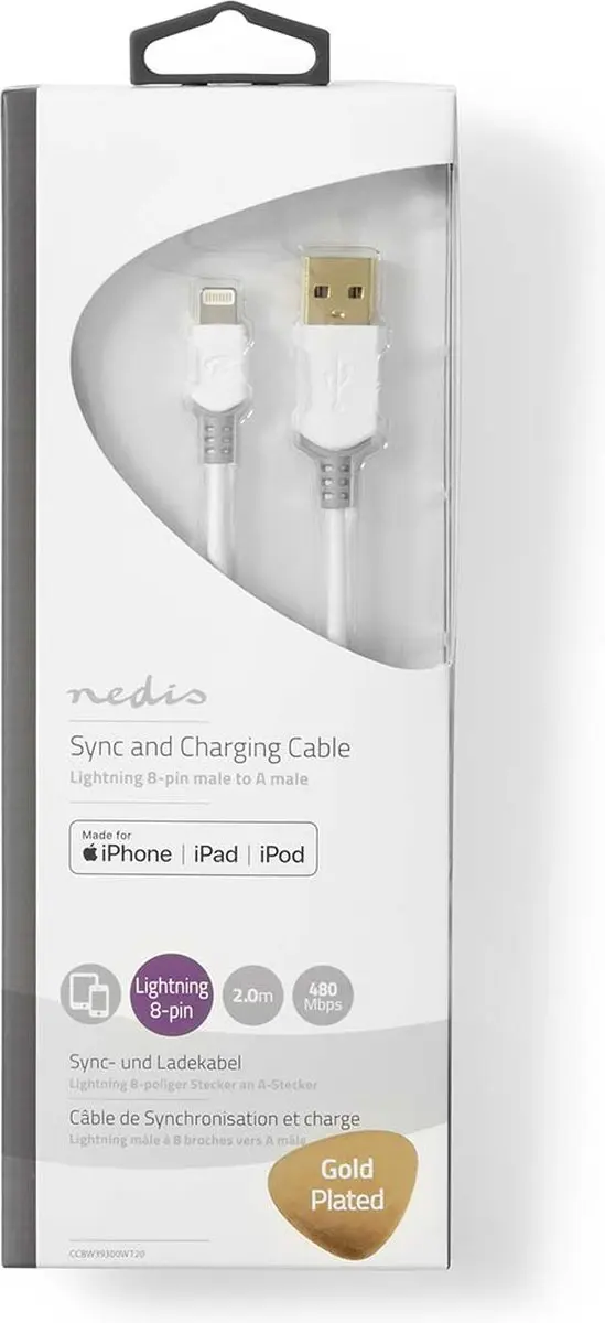 Nedis Lightning Kabel USB-A 2.0 2m - Verguld - Grijs/Wit