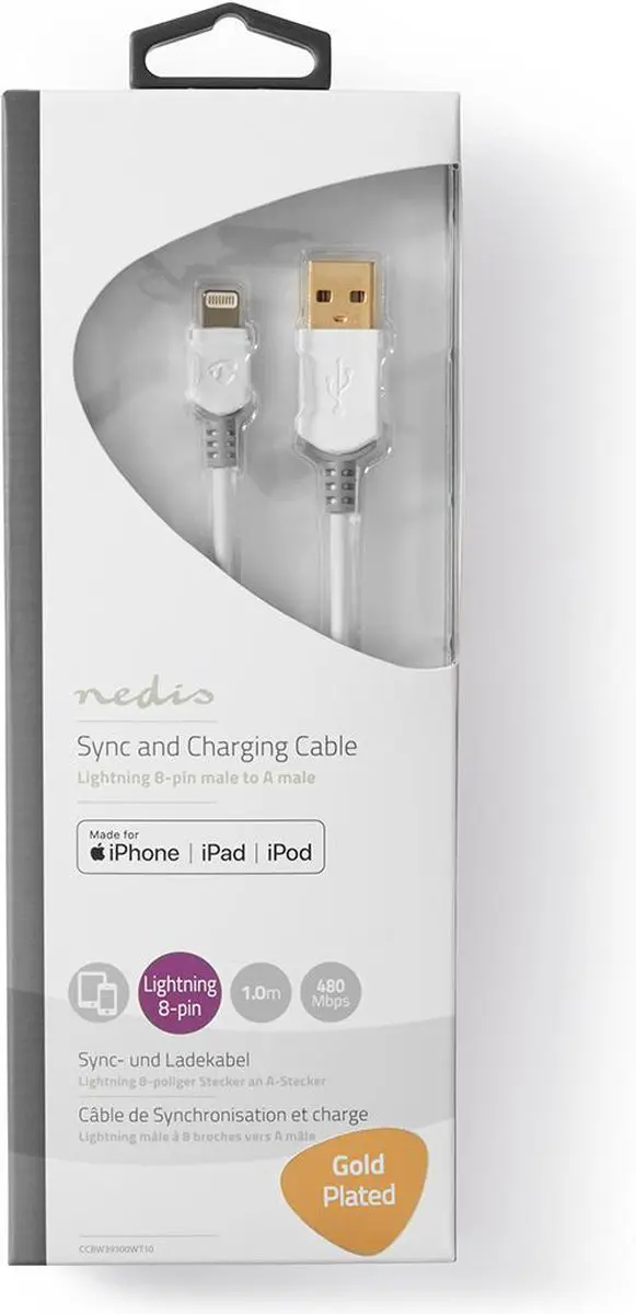 Nedis Lightning Kabel USB-A 2.0 2m - Verguld - Grijs/Wit