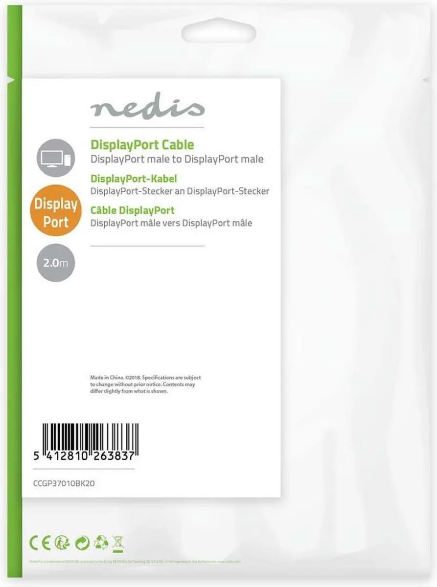 Nedis DisplayPort Kabel CCGP37010BK20 - 4K@60Hz - 2m - Zwart