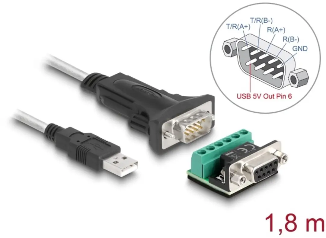 Delock USB 2.0 naar RS-422/485 Adapter 6-pins - 1.8m - Zwart