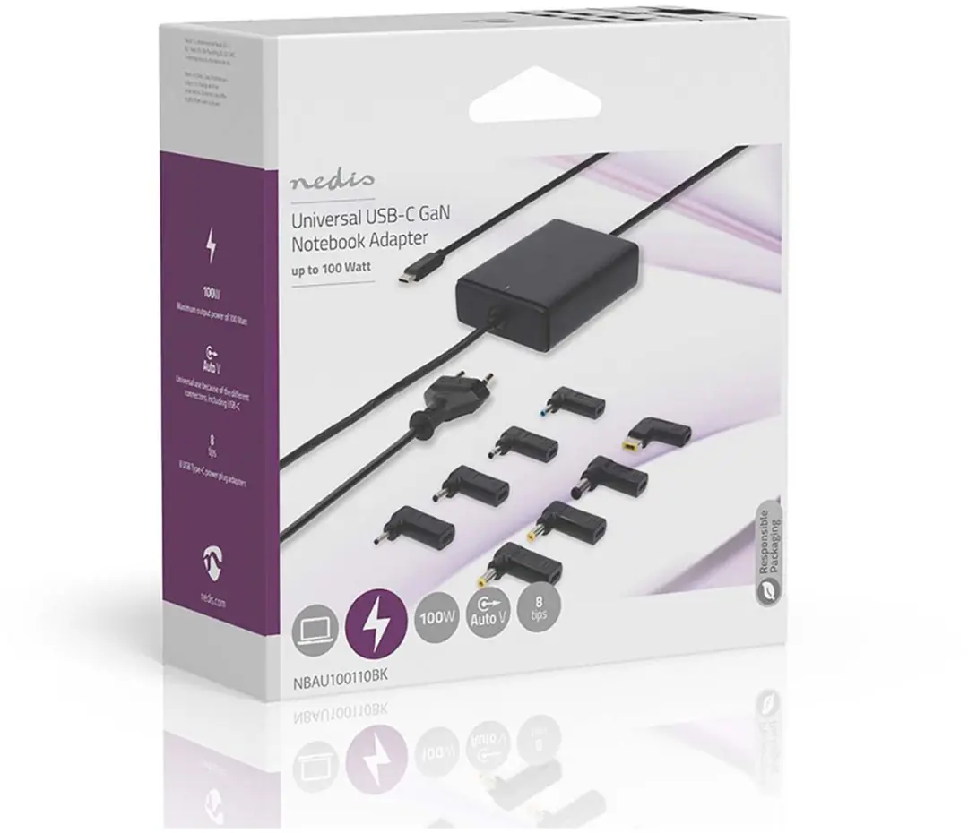 Nedis GaN Notebook-Adapter NBAU100110BK 100W - Zwart