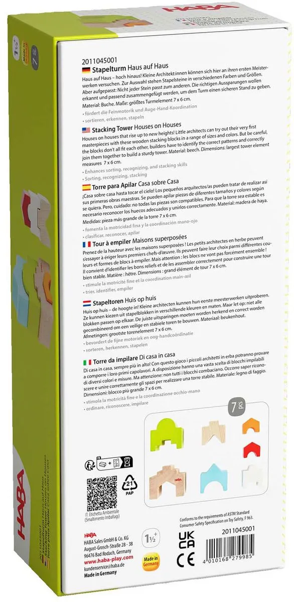 Haba Houten Stapeltoren Huis op Huis - 6 Stuks - Multicolor