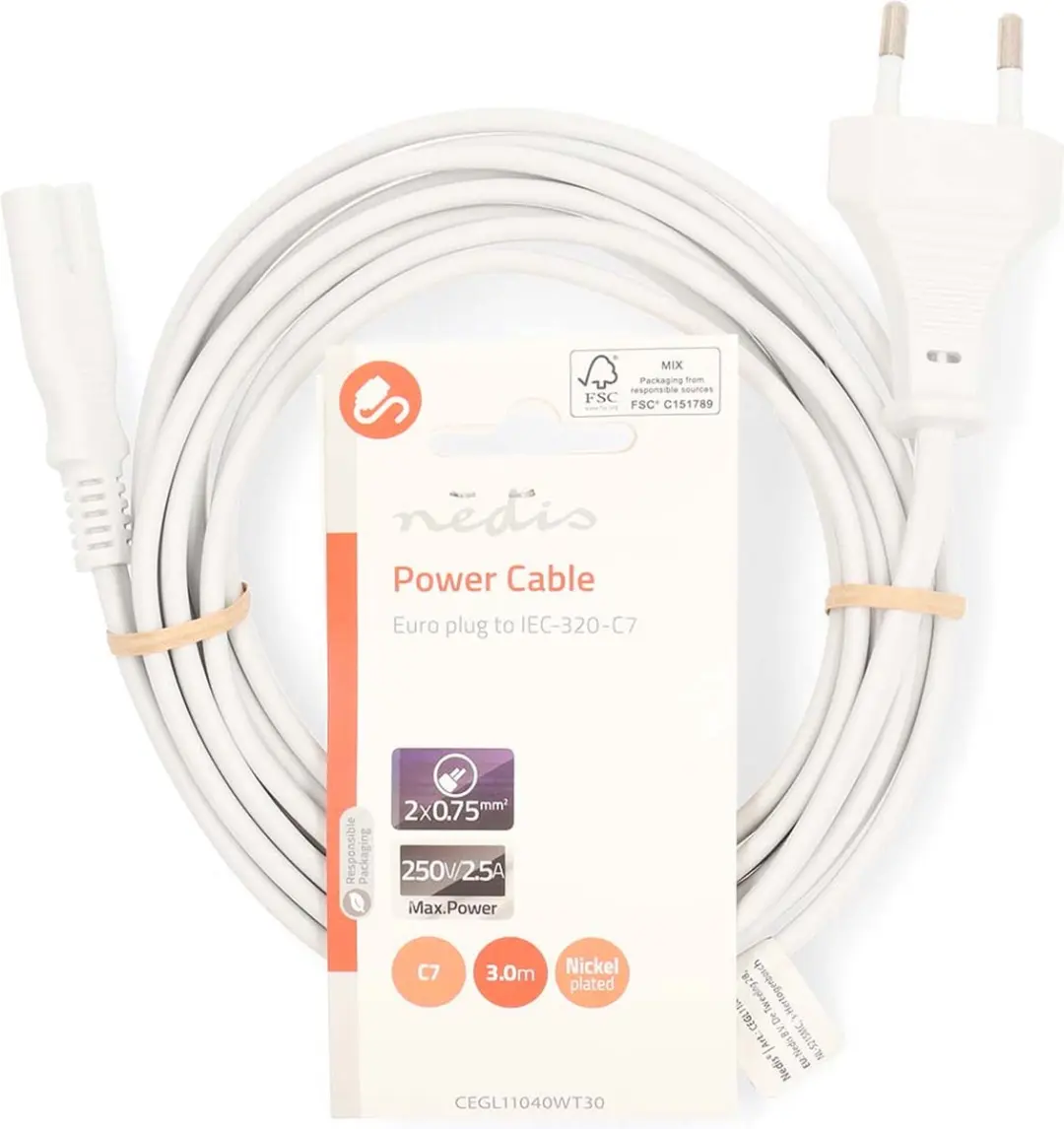 Nedis Stroomkabel C7 3.0m - IEC-320-C7 - Plat - Wit