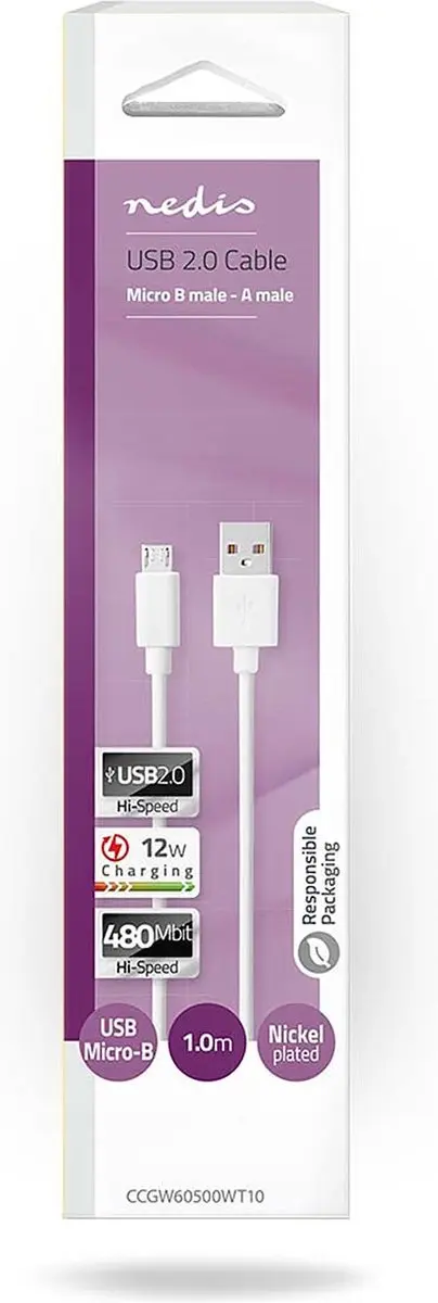 Nedis USB 2.0 A naar Micro-B Kabel 12W 1m - Wit