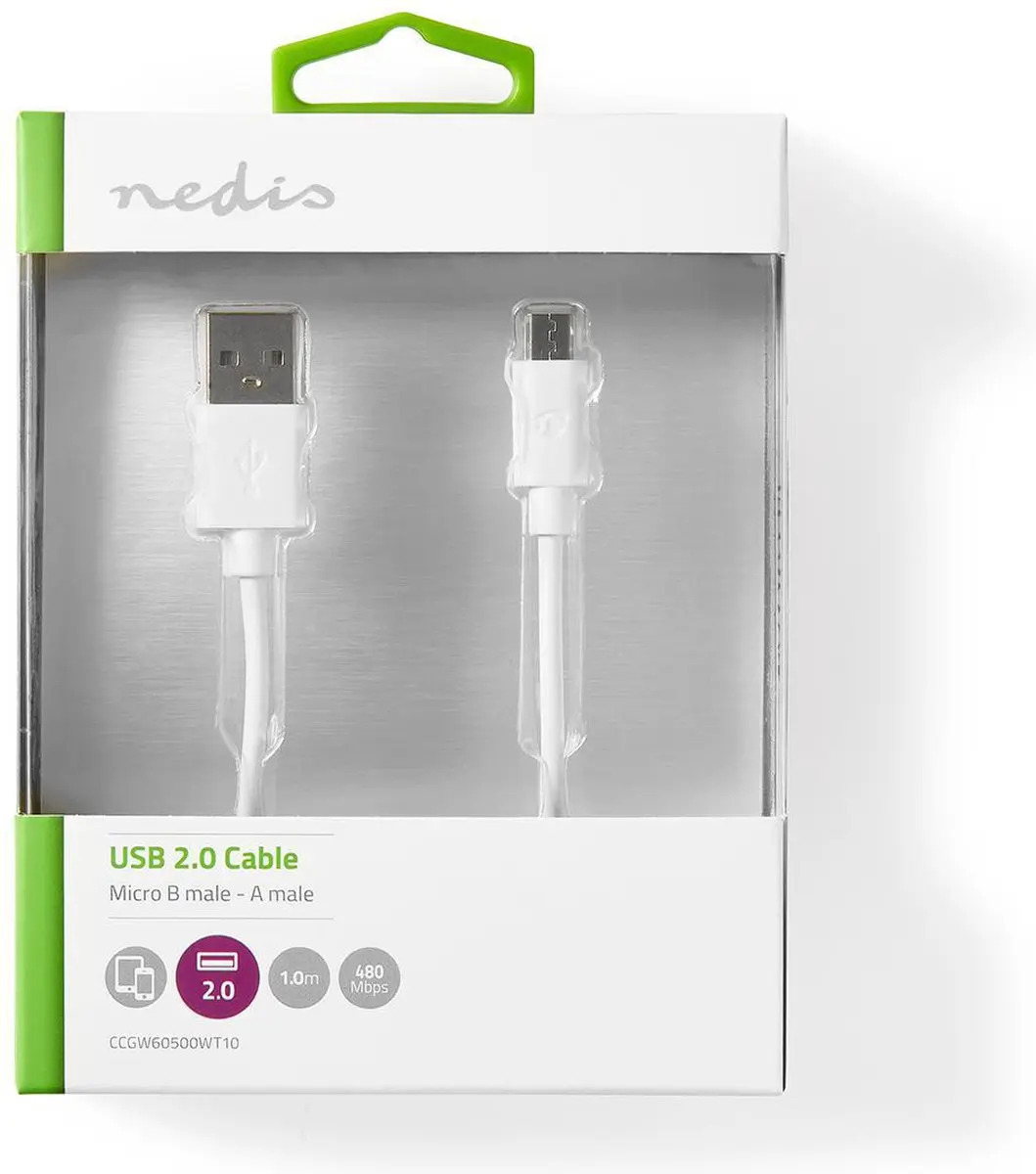 Nedis USB 2.0 A naar Micro-B Kabel 12W 1m - Wit