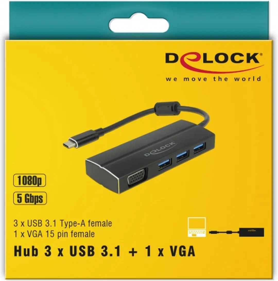 Delock USB-C naar VGA Adapter 3-poorts Hub DP Alt Mode 1920x1200 - Zwart