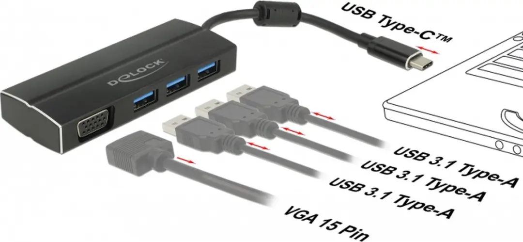 Delock USB-C naar VGA Adapter 3-poorts Hub DP Alt Mode 1920x1200 - Zwart
