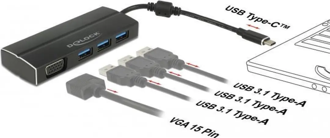 Delock USB-C naar VGA Adapter 3-poorts Hub DP Alt Mode 1920x1200 - Zwart