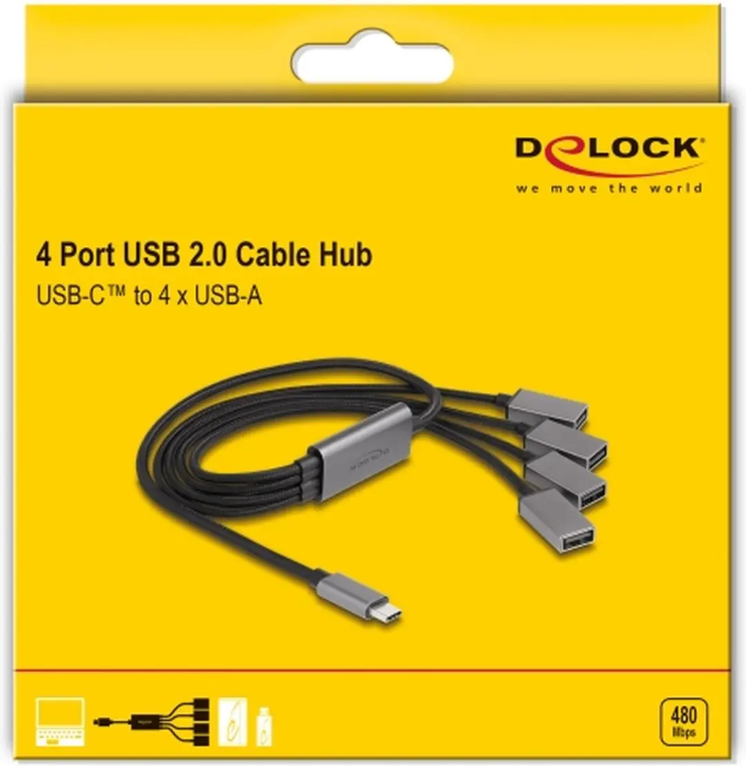 Delock 4-Poorts USB 2.0 Hub Type-C 60cm - Zwart/Grijs