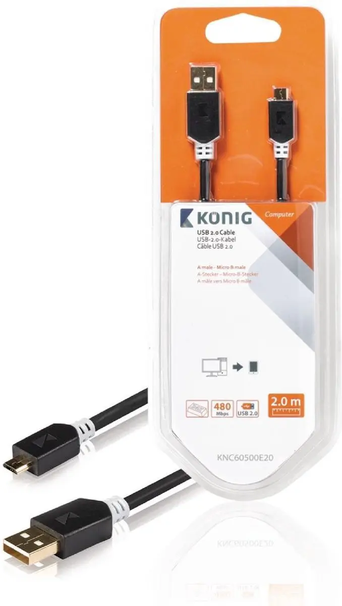 Konig USB 2.0 A naar Micro Male Kabel 2m - Grijs