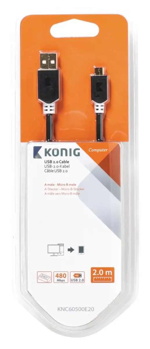 Konig USB 2.0 A naar Micro Male Kabel 2m - Grijs